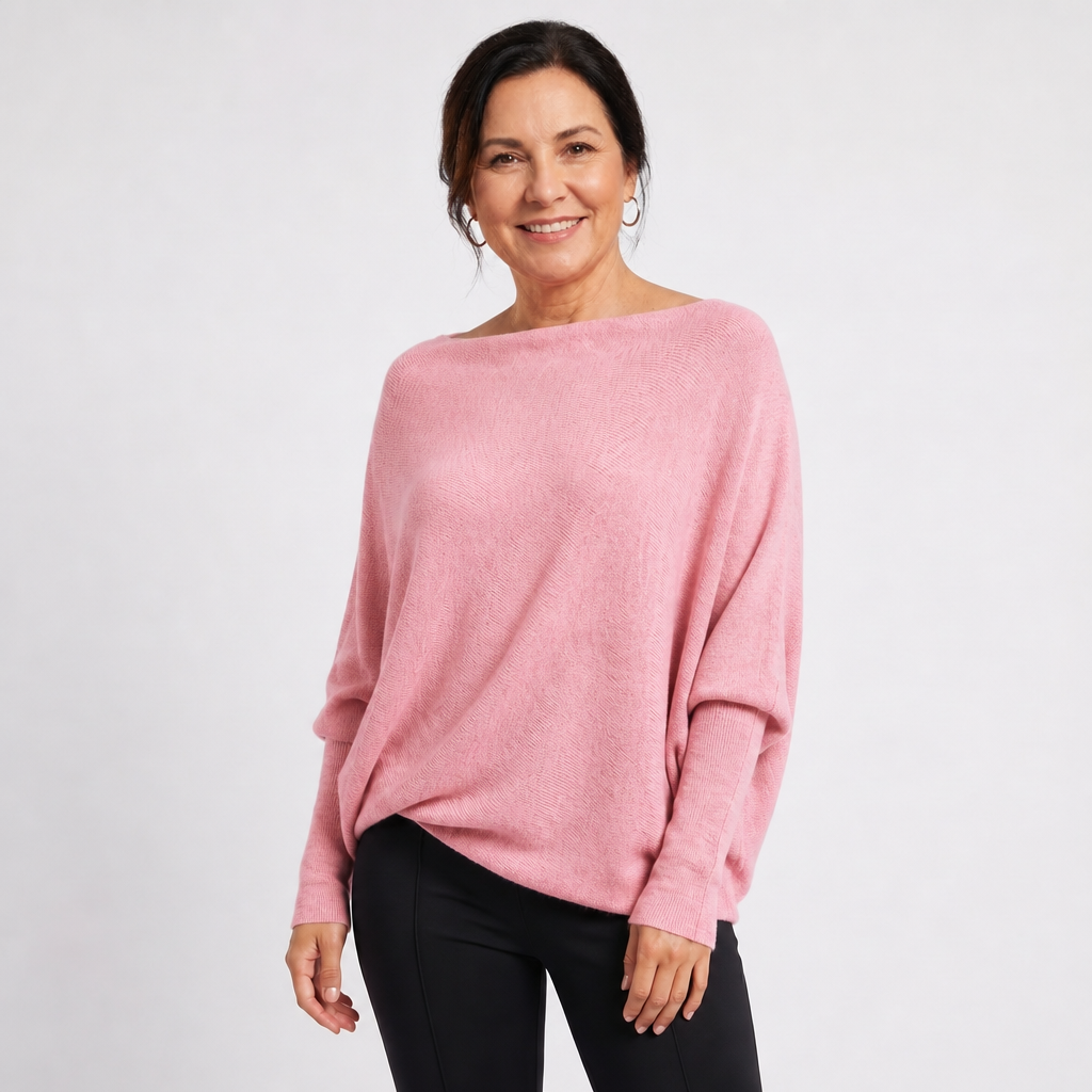 Women's Oversized Knit Sweater with Batwing Sleeves - Pink