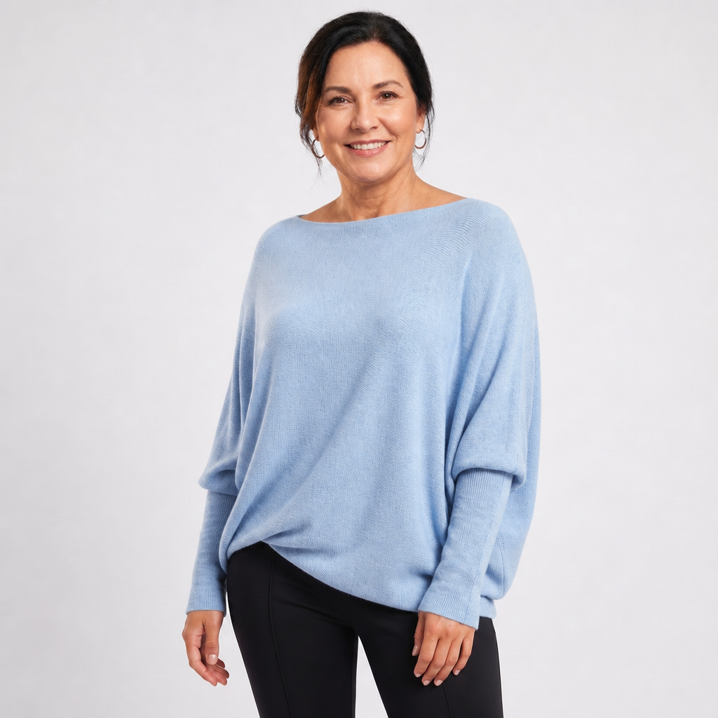 Women's Oversized Knit Sweater with Batwing Sleeves - Light Blue