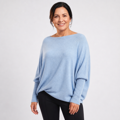 Women's Oversized Knit Sweater with Batwing Sleeves - Light Blue