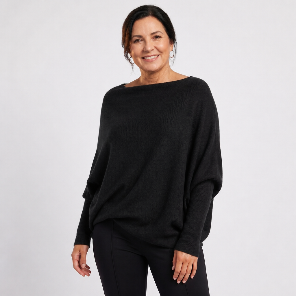 Women's Oversized Knit Sweater with Batwing Sleeves - Black