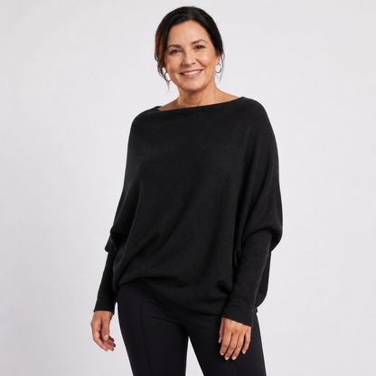 Women's Oversized Knit Sweater with Batwing Sleeves - Black