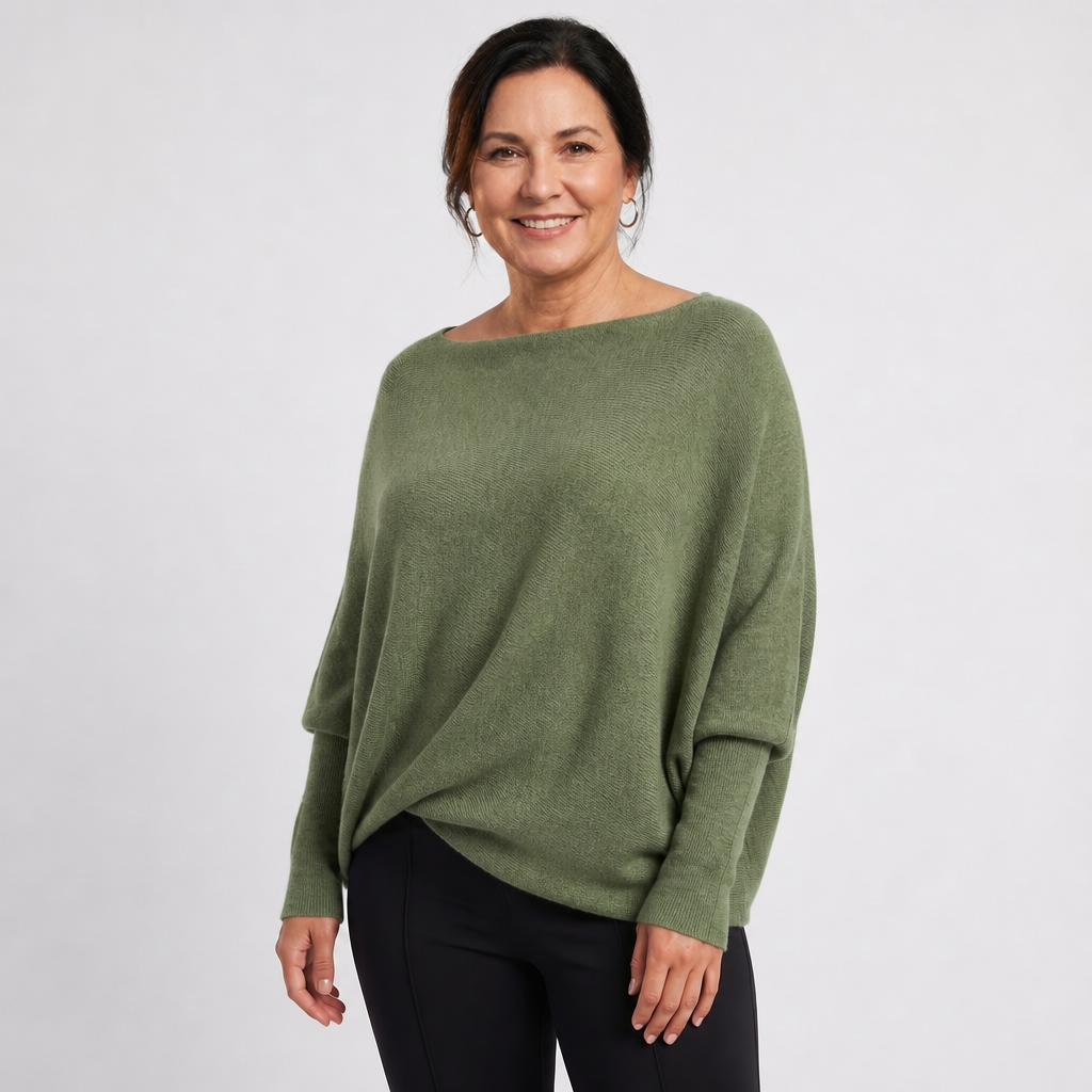 Women's Oversized Knit Sweater with Batwing Sleeves - Green