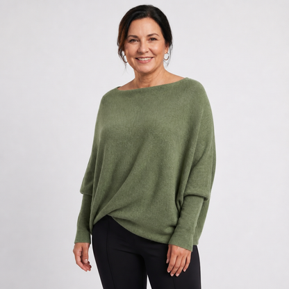 Women's Oversized Knit Sweater with Batwing Sleeves - Green