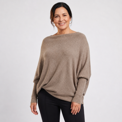 Women's Oversized Knit Sweater with Batwing Sleeves - Light Brown