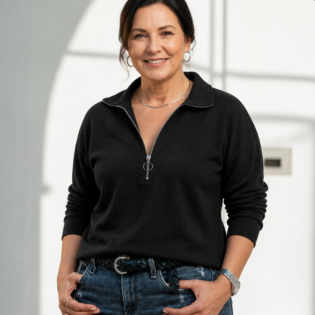 Women's Casual Relaxed Half-Zip Pullover Sweater - Black