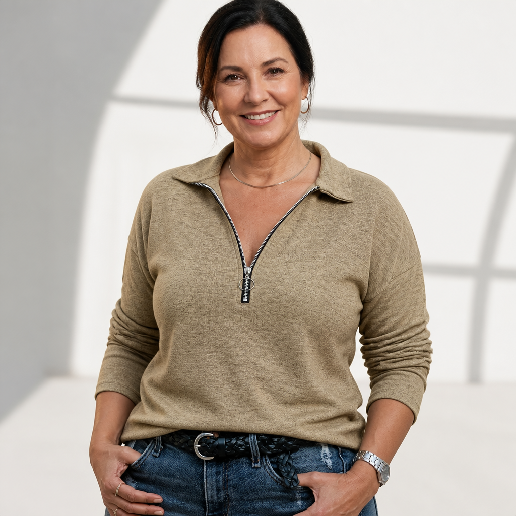Women's Casual Relaxed Half-Zip Pullover Sweater - Khaki