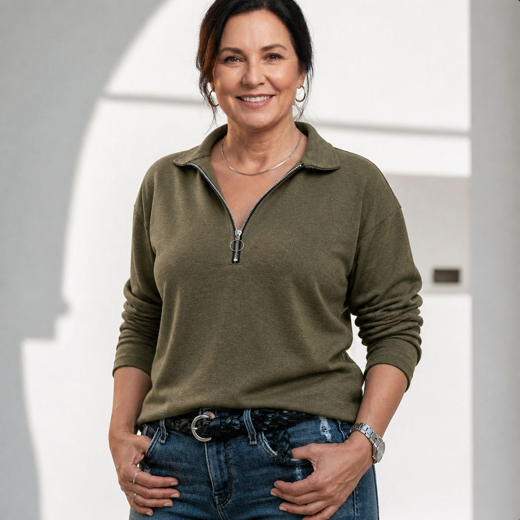 Women's Casual Relaxed Half-Zip Pullover Sweater - Army Green