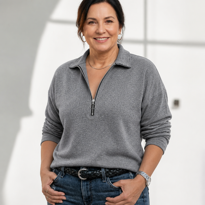 Women's Casual Relaxed Half-Zip Pullover Sweater - Space Grey