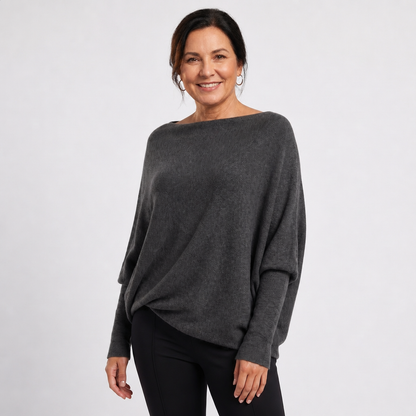 Women's Oversized Knit Sweater with Batwing Sleeves - Dark Grey
