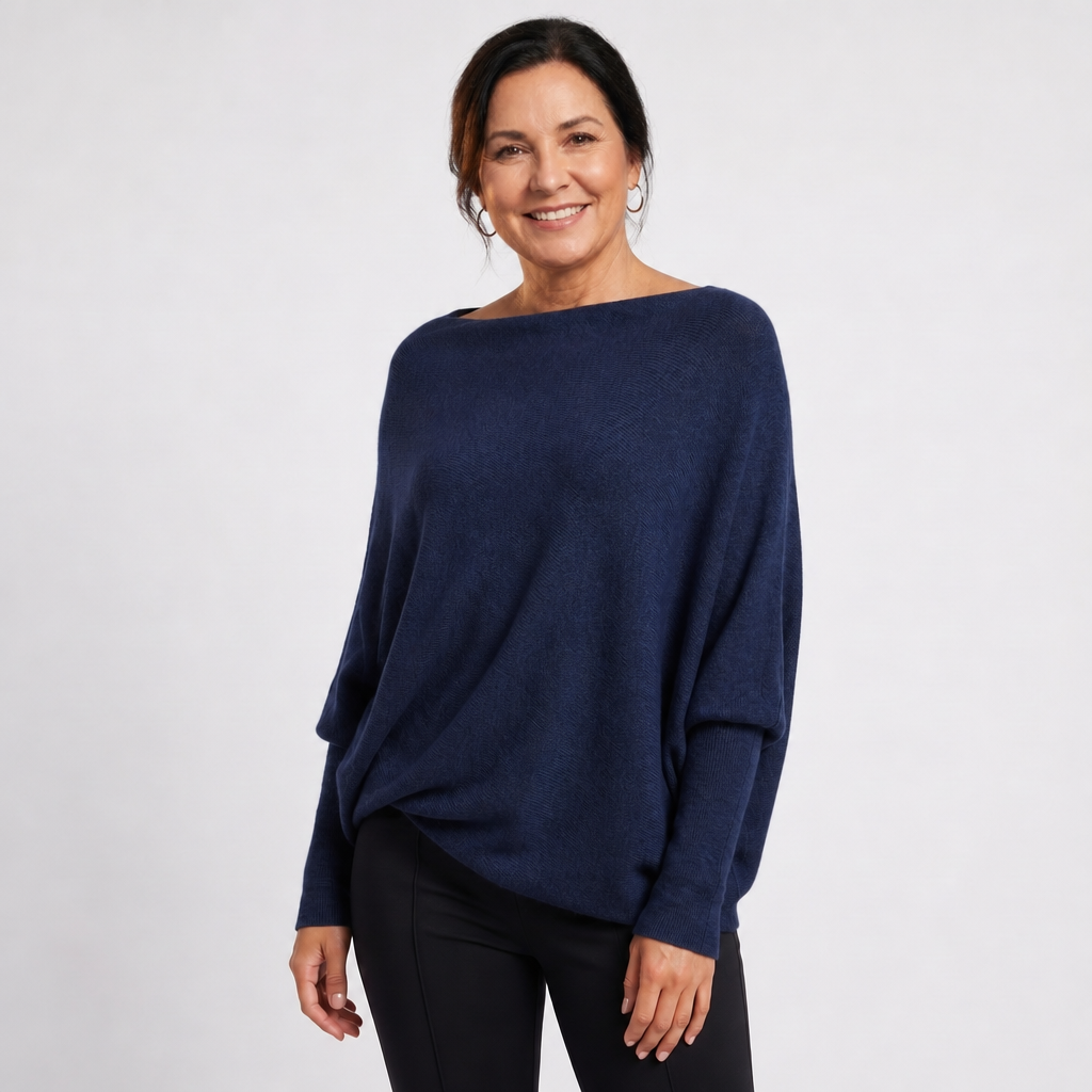 Women's Oversized Knit Sweater with Batwing Sleeves - Navy Blue