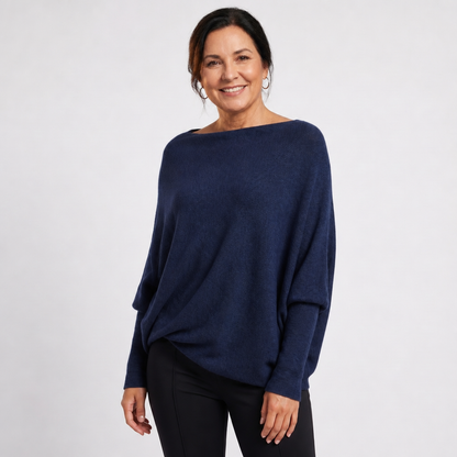 Women's Oversized Knit Sweater with Batwing Sleeves - Navy Blue