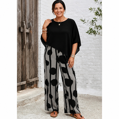 Women's Graphic Print Wide Leg Pants Set - Black & Gray