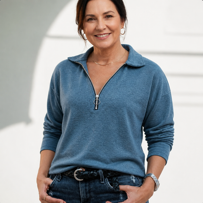 Women's Casual Relaxed Half-Zip Pullover Sweater - Sea Blue