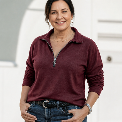 Women's Casual Relaxed Half-Zip Pullover Sweater - Burgundy