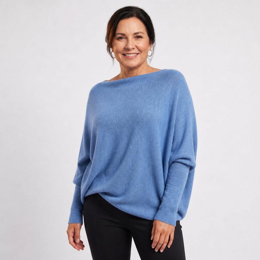 Women's Oversized Knit Sweater with Batwing Sleeves - Blue