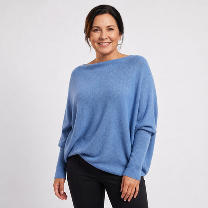 Women's Oversized Knit Sweater with Batwing Sleeves - Blue