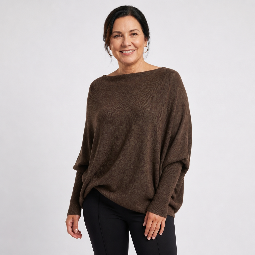 Women's Oversized Knit Sweater with Batwing Sleeves - Dark Brown