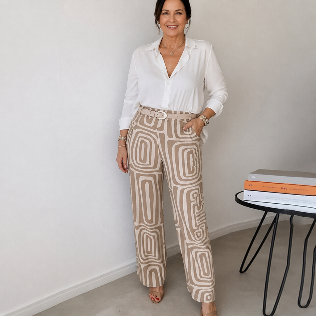 Women's Elegant Two-Piece Set with Patterned Trousers - Khaki