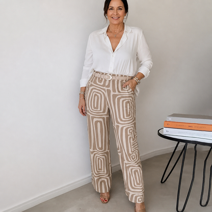 Women's Elegant Two-Piece Set with Patterned Trousers - Khaki