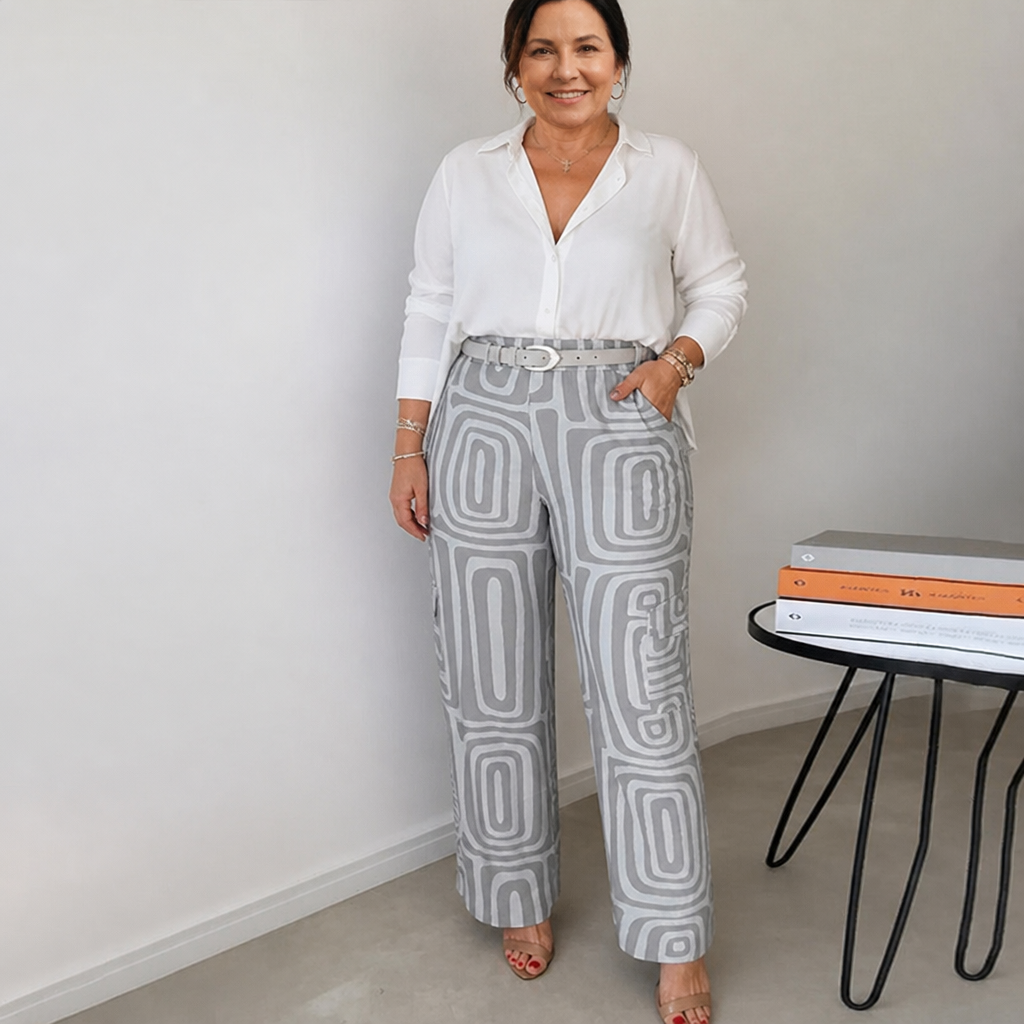 Women's Elegant Two-Piece Set with Patterned Trousers - Gray