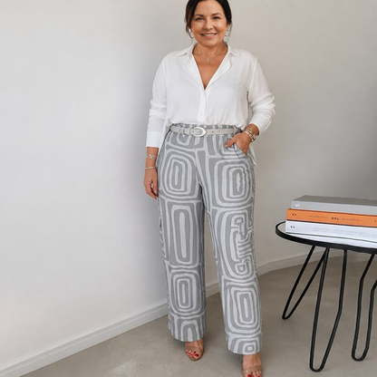 Women's Elegant Two-Piece Set with Patterned Trousers - Gray