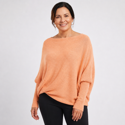 Women's Oversized Knit Sweater with Batwing Sleeves - Apricot