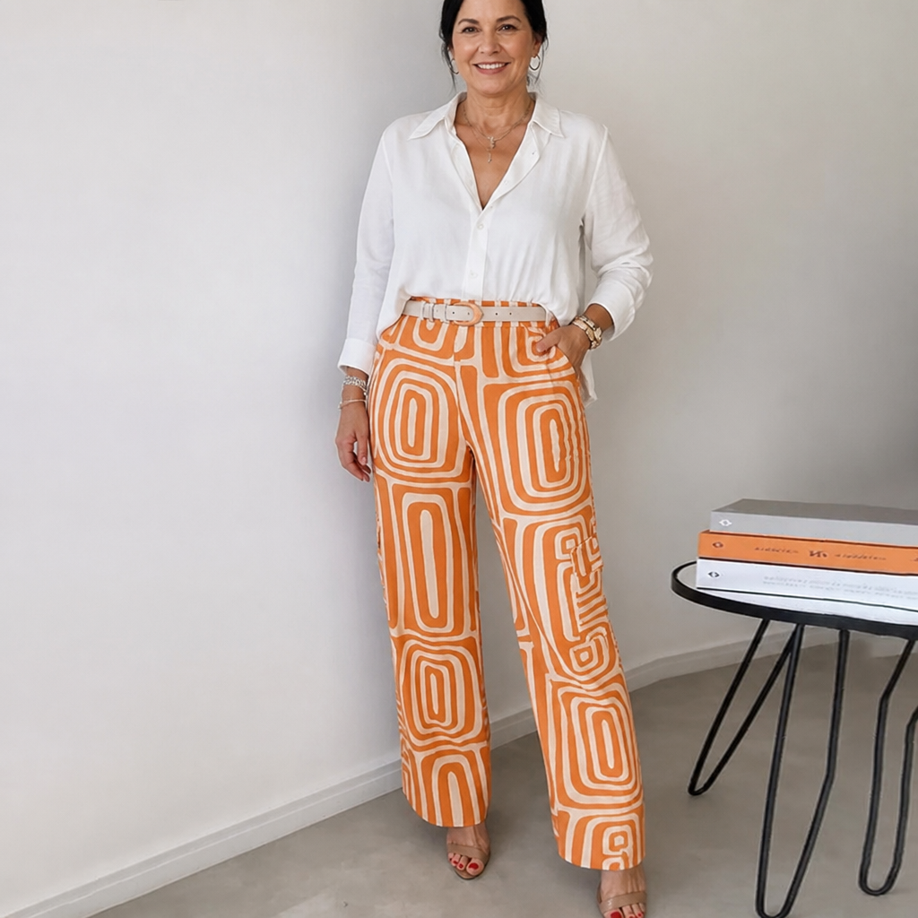 Women's Elegant Two-Piece Set with Patterned Trousers - Orange