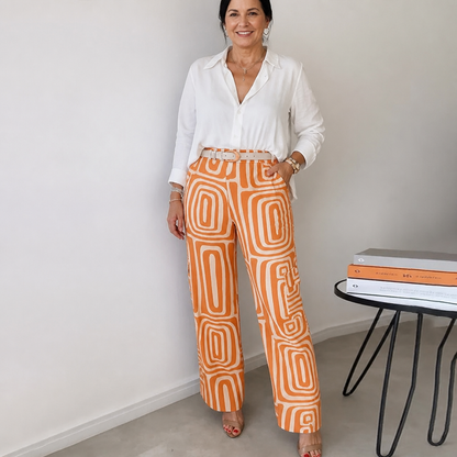 Women's Elegant Two-Piece Set with Patterned Trousers - Orange