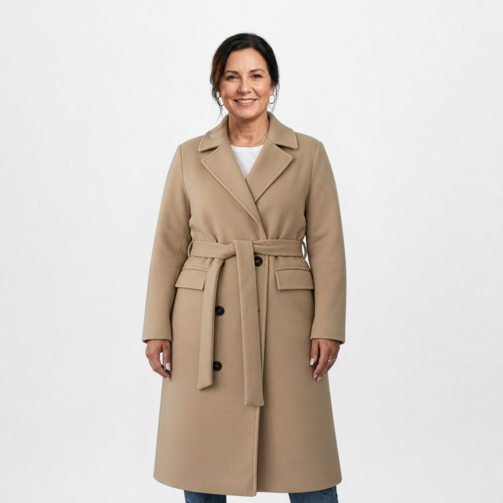 Women's Elegant Double-Breasted Long Trench Coat - Khaki