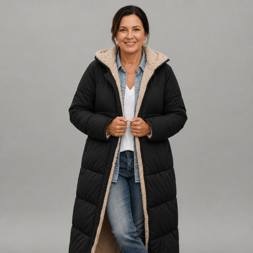Women's Longline Hooded Black Puffer Coat - Black