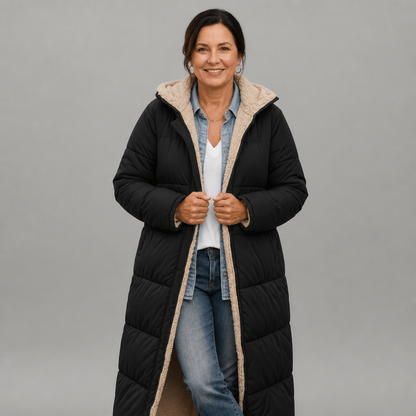 Women's Longline Hooded Black Puffer Coat - Black