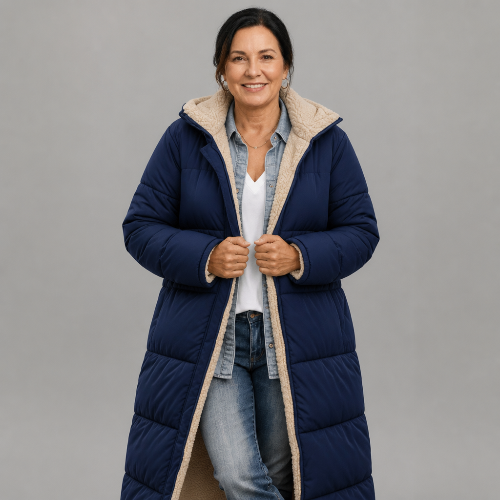 Women's Longline Hooded Black Puffer Coat - Navy Blue