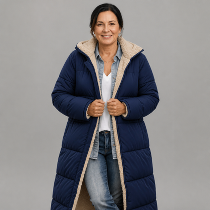 Women's Longline Hooded Black Puffer Coat - Navy Blue