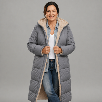 Women's Longline Hooded Black Puffer Coat - Grey