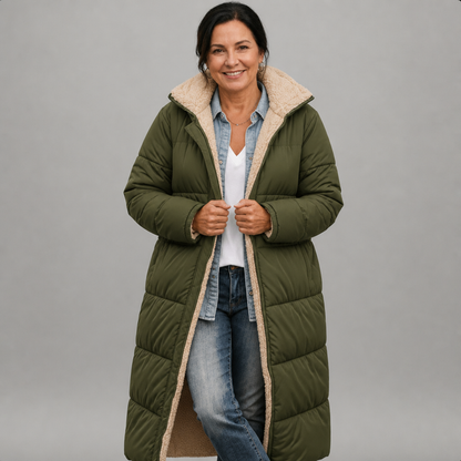 Women's Longline Hooded Black Puffer Coat - Army Green
