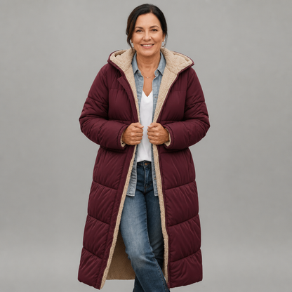 Women's Longline Hooded Black Puffer Coat - Burgundy
