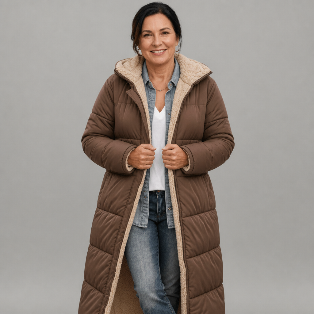 Women's Longline Hooded Black Puffer Coat - Brown