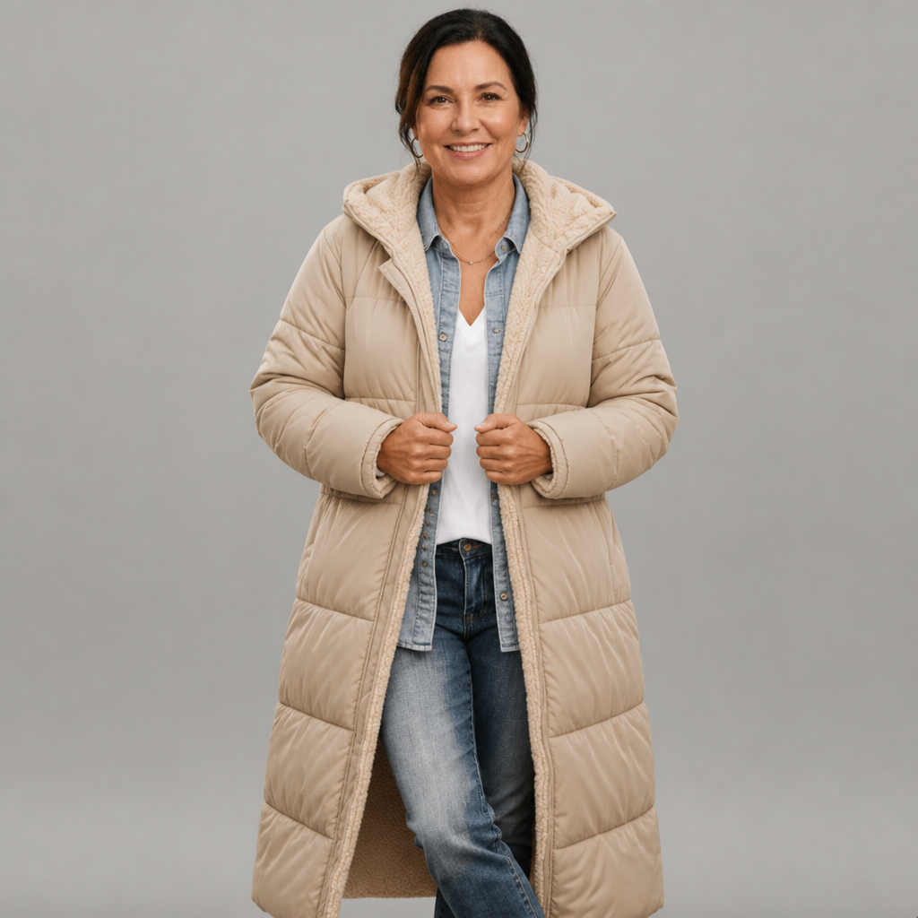 Women's Longline Hooded Black Puffer Coat - Beige