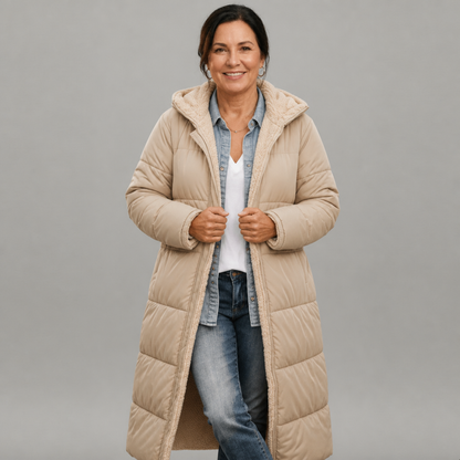 Women's Longline Hooded Black Puffer Coat - Beige
