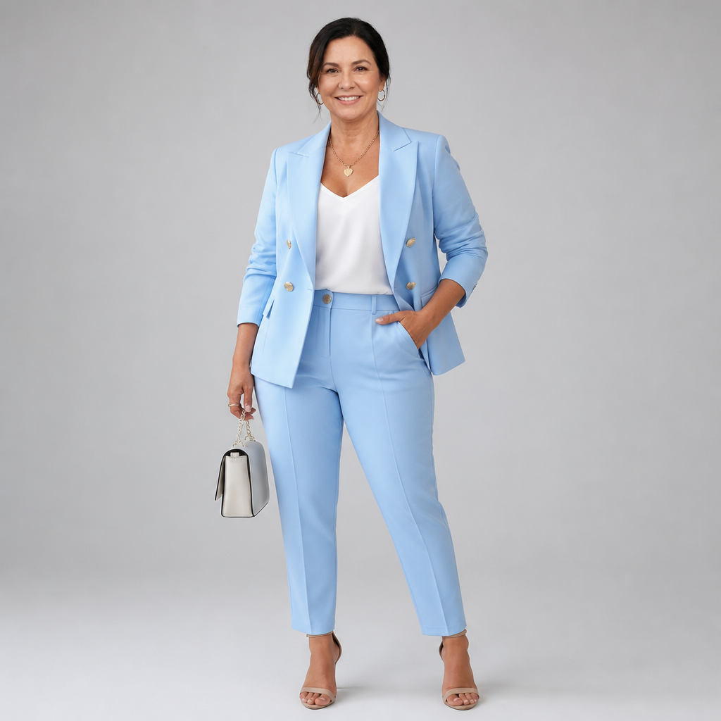 Women's Elegant Tailored Pant Suit Set - Light Blue