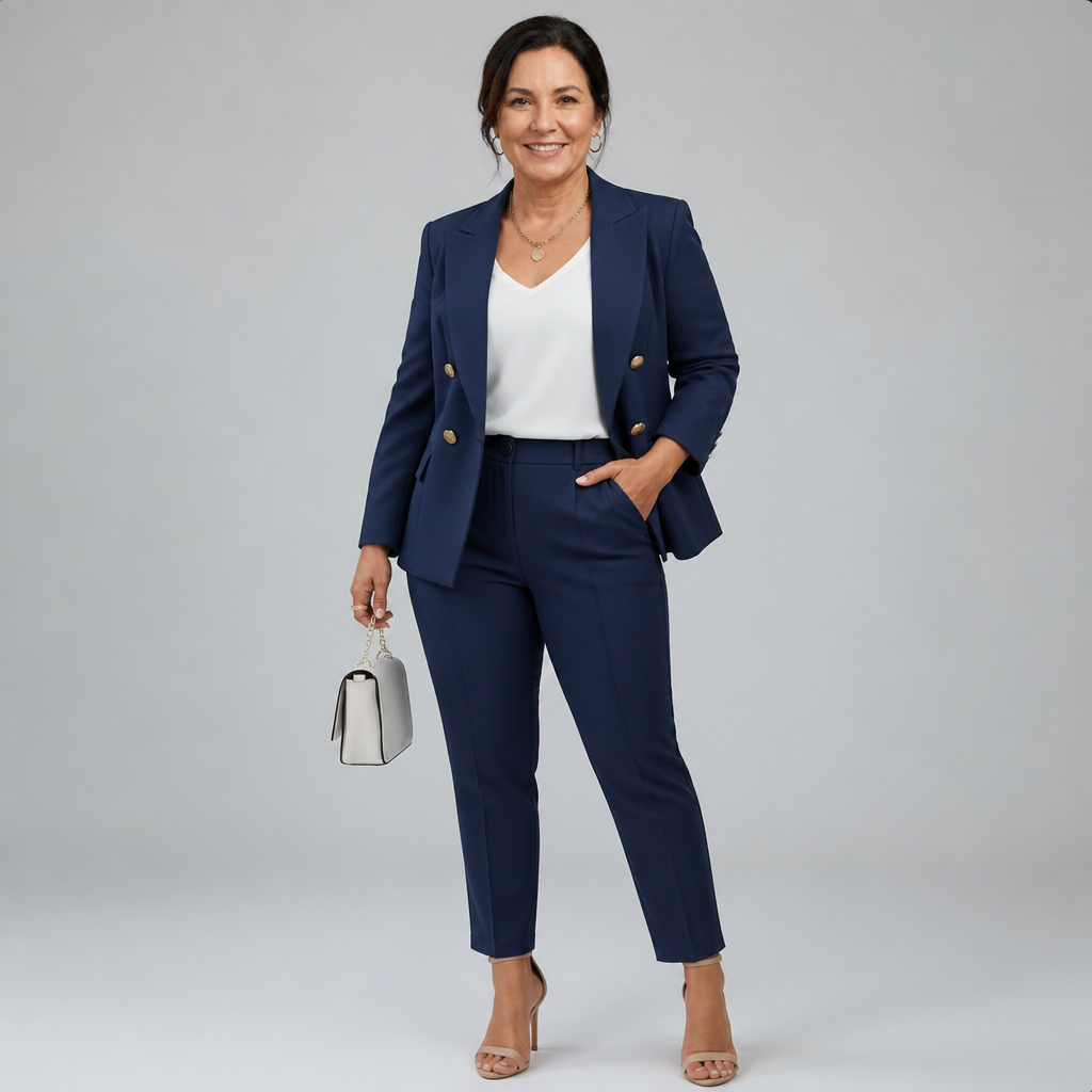 Women's Elegant Tailored Pant Suit Set - Navy Blue
