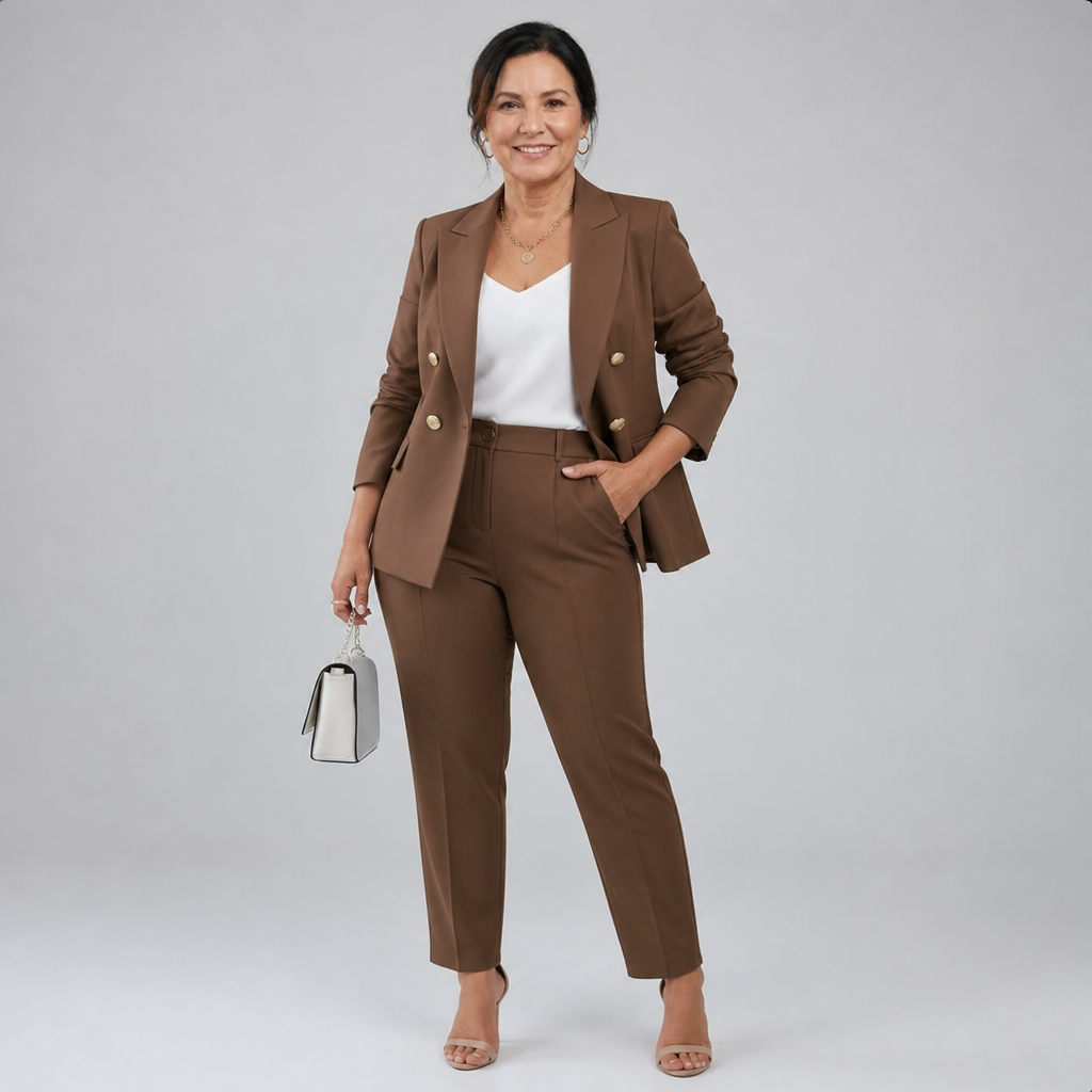 Women's Elegant Tailored Pant Suit Set - Brown
