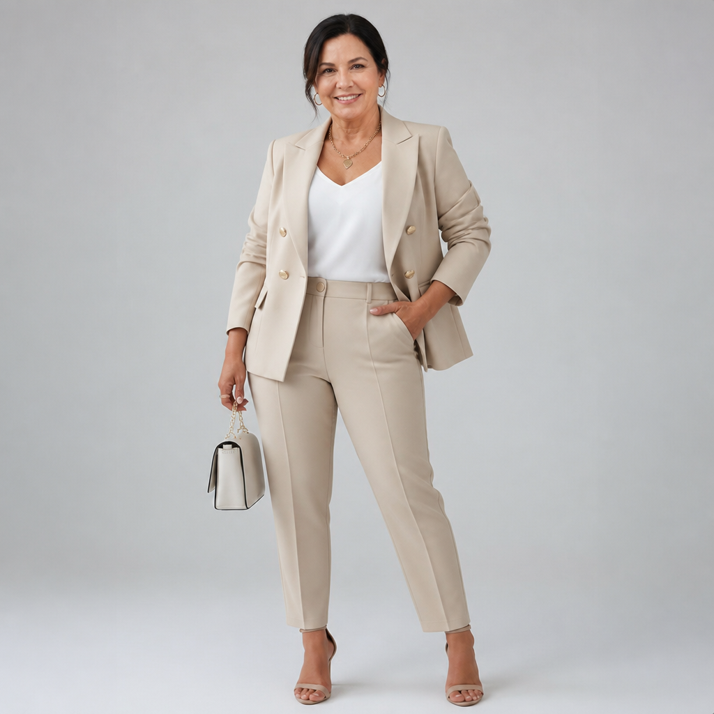 Women's Elegant Tailored Pant Suit Set - Beige