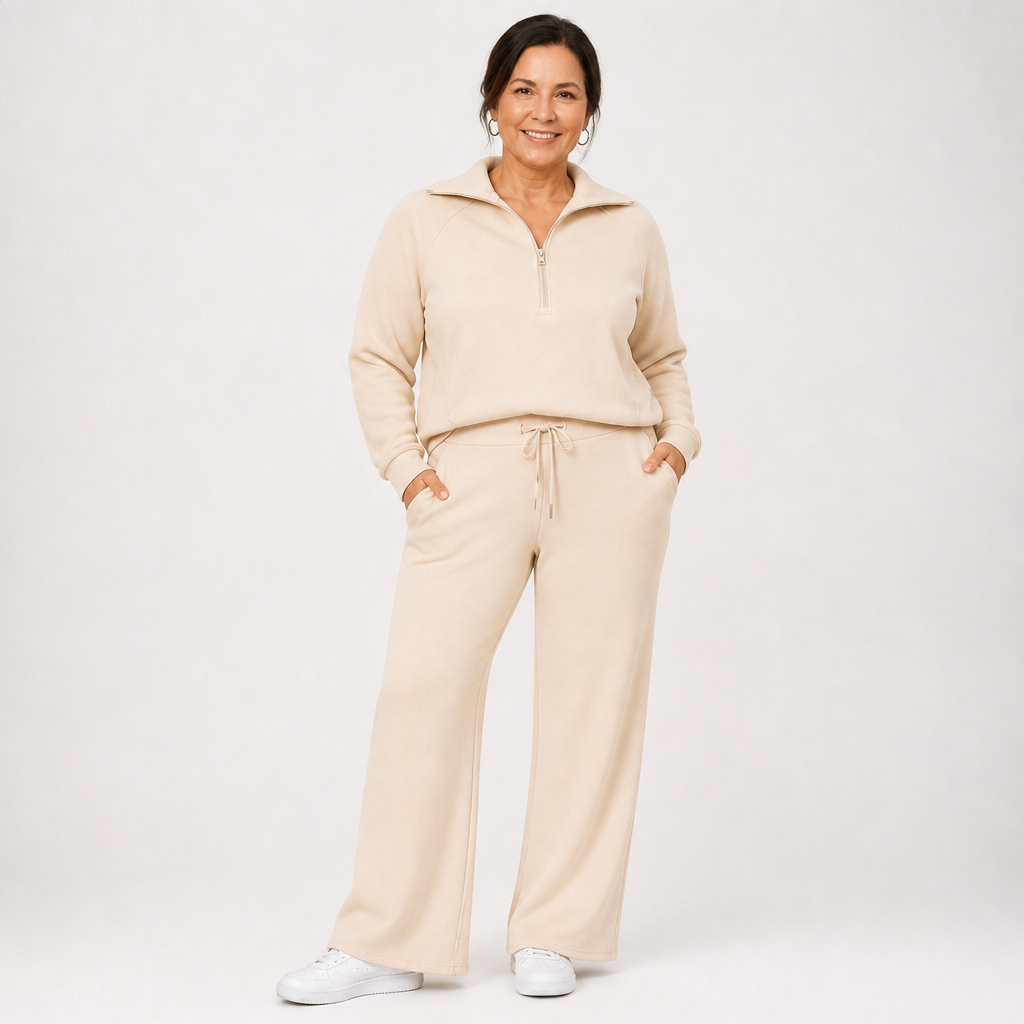 Women's Relaxed Zip-Up Wide Leg Lounge Set - Beige