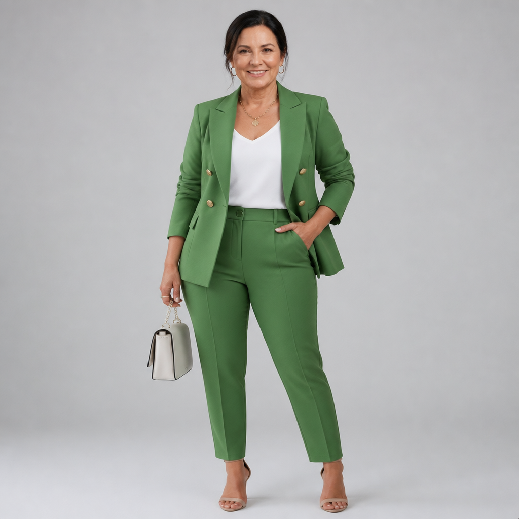 Women's Elegant Tailored Pant Suit Set - Green