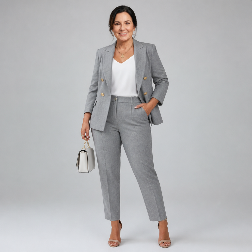 Women's Elegant Tailored Pant Suit Set - Grey