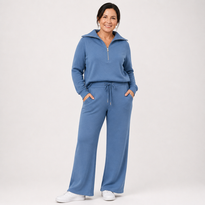 Women's Relaxed Zip-Up Wide Leg Lounge Set - Blue