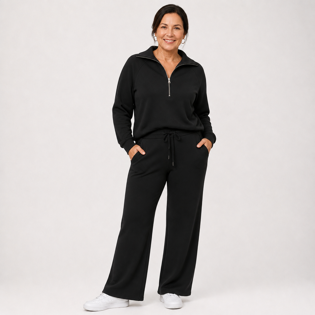 Women's Relaxed Zip-Up Wide Leg Lounge Set - Black