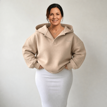 Women's Oversized Crossover Cotton Hoodie - Beige