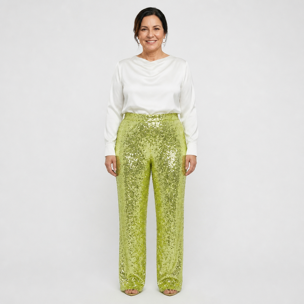 Women's High-Waist Sequin Straight-Leg Party Pants - Green Yellow